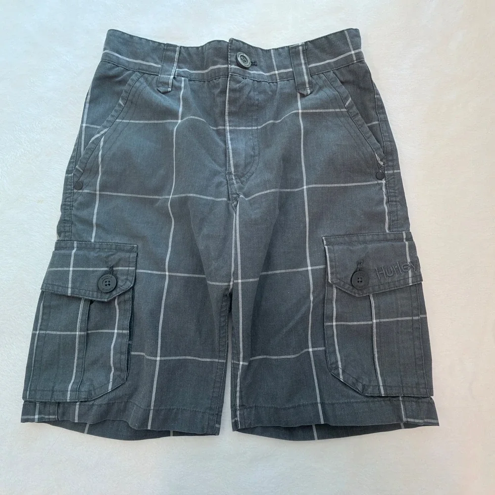 Hurley Cargo Shorts Boys Size 8 Grey Excellent Windowpane Plaid Skater 1272-G36